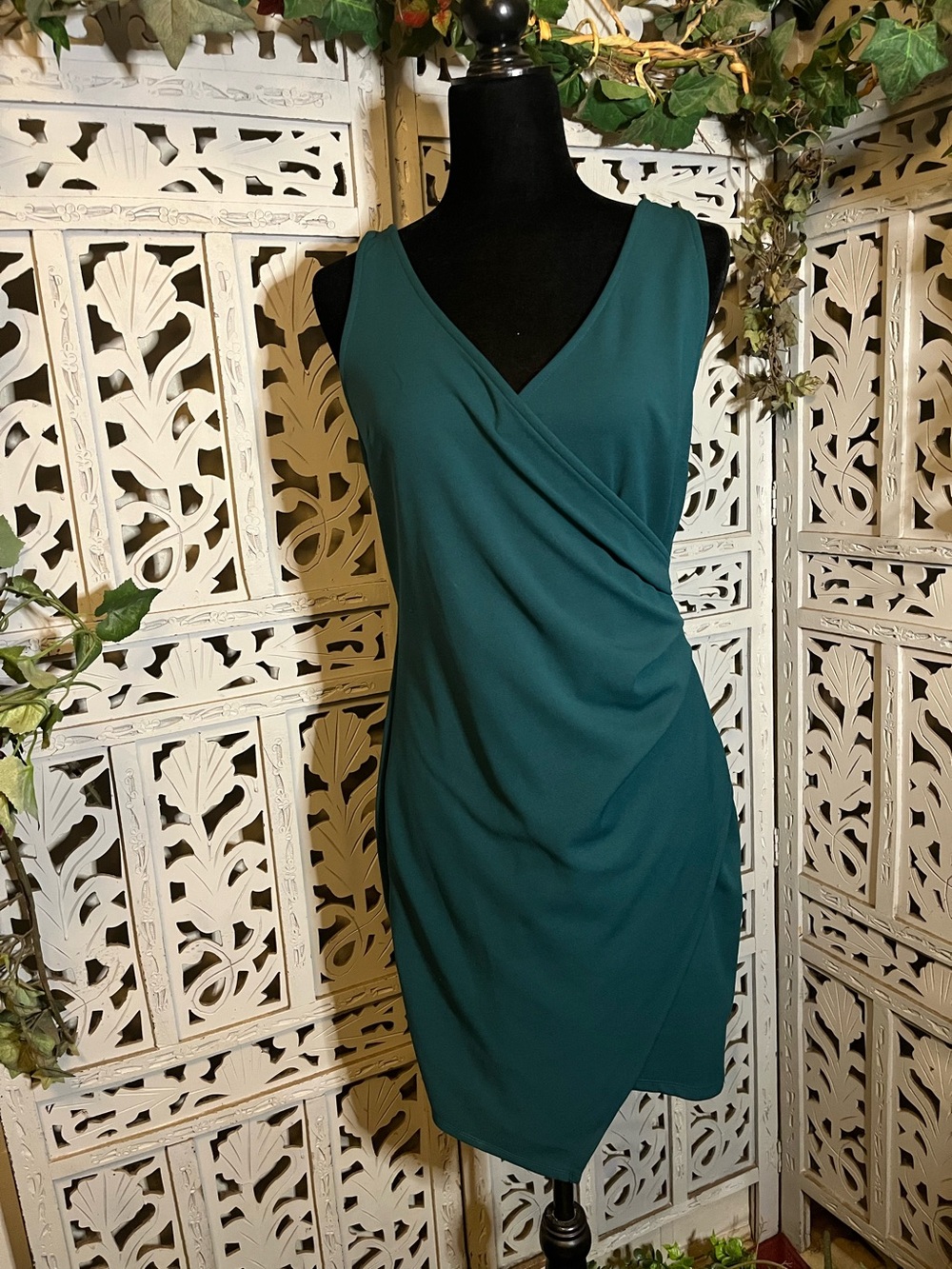 HAUTE MONDE MARVELOUS DARK TEAL ASYMMETRICAL WRAP FRONT BODY-CON MINI DRESS